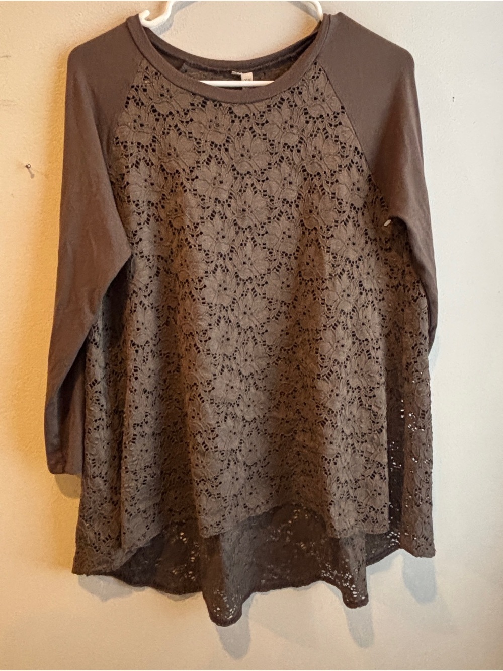 Long Sleeve Lace-Front Tunic Top in Brown